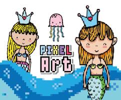 Desenhos animados do mundo aquático de pixel art vetor