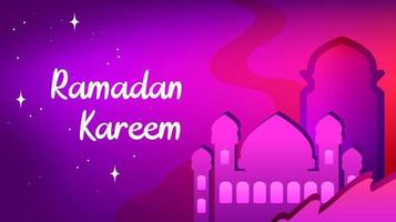 fundo de paisagem de ilustração de ramadan kareem com ornamentos de silhueta de mesquita e roxo dominante, para o uso de eventos do ramadã e outros eventos muçulmanos vetor