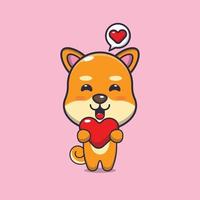 personagem de desenho animado de cachorro shiba inu fofo segurando coração de amor vetor