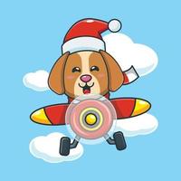 cachorro fofo usando chapéu de papai noel voar com avião vetor