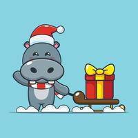 personagem de desenho animado de hipopótamo fofo carregando caixa de presente de natal vetor