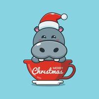 personagem de desenho animado de hipopótamo fofo usando chapéu de Papai Noel na Copa vetor