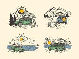 definir rótulo de logotipo de aventuras de carro de campista desenhados à mão vintage vetor