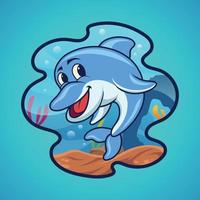 golfinho de desenho animado no fundo do mar vetor