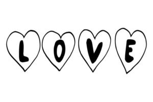 amo o texto no doodle desenhado de mão de corações. , escandinavo, minimalismo. cartão, banner, cartaz. amor, casamento, romance. vetor
