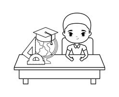 menino estudante sentado na mesa da escola com suprimentos de educação vetor