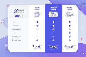 novo design de modelo de tabela de preços de 3 planos modernos vetor