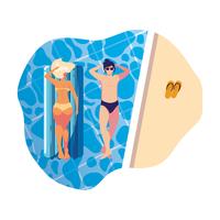 jovem casal com colchão de flutuador na piscina vetor