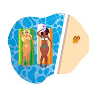 lindas meninas inter-raciais com colchão flutuante na água