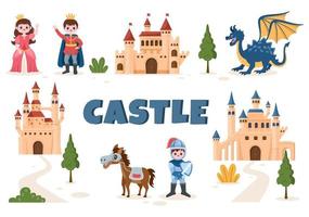 castelo com coleção de elementos de príncipe, rainha e cavaleiro, arquitetura majestosa do palácio em ilustração de estilo plano de desenho animado vetor