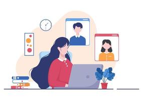 videochamada em conferência por comunicação remota com amigos on-line usando um smartphone ou computador por meio de uma webcam para trabalhar em casa em ilustração de desenho animado estilo simples vetor