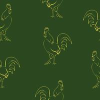 padrão sem costura de silhueta estilizada de galo, pássaro de contorno amarelo em um fundo verde vetor