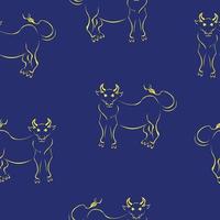 padrão perfeito de silhueta estilizada de touro, touro de contorno amarelo em um fundo azul escuro vetor