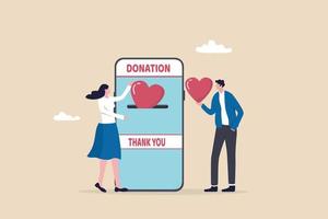 doação de caridade, doar on-line com cuidado para ajudar e apoiar as pessoas, dando dinheiro ou voluntário, aplicativo social móvel para ajudar o conceito de outras pessoas, homem e mulher colocam a forma do coração no aplicativo de doação móvel.