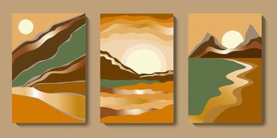 conjunto de arte de parede de paisagem de ouro abstrato minimalista. coleção de fundo de luxo de montanhas de meados do século. design de arte moderna para papel de parede, pôster interior contemporâneo, impressão. ilustração vetorial vetor