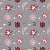 padrão sem emenda floral fantasia escandinava. bonitos doodles curvas de flores, folhas, estrelas e lua crescente pontilhada. textura infinita vetorial para decoração de berçário de bebê, impressão de vestuário infantil vetor