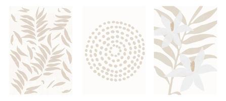 conjunto de ilustração vetorial de três cartazes botânicos. desenho de folhagens e formas abstratas. impressão de arte minimalista, natural, de folhas e samambaias. projeto de planta abstrata para plano de fundo, papel de parede, cartão, arte de parede vetor