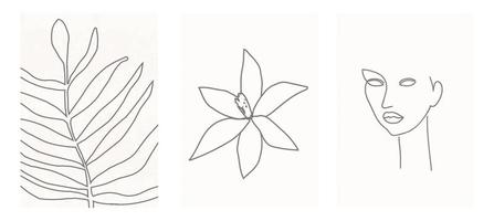 conjunto de três cartazes minimalistas abstratos com contorno de rosto, folhas e ramos de mulher. desenho de folhagem, ilustração em vetor de impressão de arte natural. design de plantas para plano de fundo, papel de parede, cartão, arte de parede