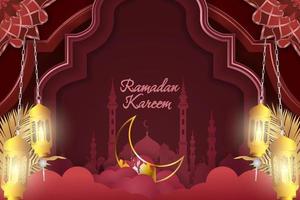 fundo ramadan kareem cor vermelha islâmica com bela mesquita e lua dourada vetor