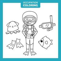colorir desenho de animal bebê fofo com mergulhador de trabalho de ocupação