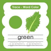planilhas de palavras de rastreamento em inglês com vocabulário de cores verde vetor