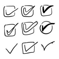ícone de marca de seleção desenhado à mão definido no estilo doodle de desenho animado vetor