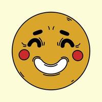 ícone de vetor de rosto feliz amarelo. ilustração desenhada à mão. personagem sorridente, emoji. doodle plano simples para decoração, design de t-shirt, adesivo, web, mobile. emoticon de riso fofo, clipart engraçado