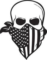 crânio humano com bandana de bandeira americana preto e branco. ilustração vetorial. vetor