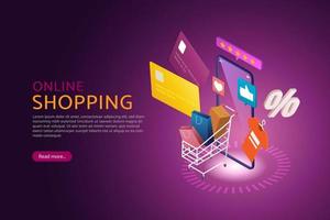 compras on-line via loja on-line de smartphones e cartões de crédito de moedas. vetor