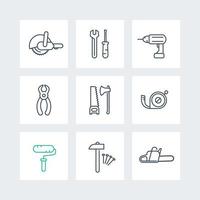 ícones de linha de ferramentas de construção, chave inglesa, broca, serra, conjunto de ícones quadrados, ilustração vetorial vetor