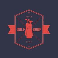 loja de golfe, emblema vintage, logotipo com saco de golfe e tacos vetor