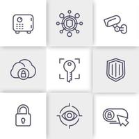 conjunto de ícones de linha de segurança, transação segura, cofre, vigilância por vídeo, autenticação, reconhecimento biométrico, segurança vetor