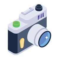 câmera, ícone de equipamento de fotografia em design isométrico vetor