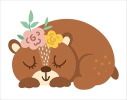 vetor de urso desenhado à mão com flores na cabeça. bonito estilo boêmio dormindo ícone animal da floresta isolado no fundo branco. ilustração de floresta boho doce para cartão, impressão, design de papelaria.