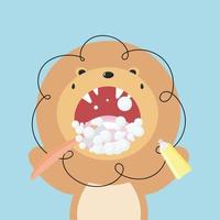 leão bonito escovando os dentes. conceito odontológico para odontologia infantil. ilustração vetorial em estilo cartoon. para coisas infantis, cartão, cartazes, banners, livros infantis e impressão de roupas, camisetas. vetor