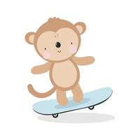 macaco bonito em um skate no estilo cartoon. ilustração vetorial em fundo branco. para coisas infantis, cartão, cartazes, banners, livros infantis e impressão de roupas, camisetas. vetor