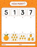 quantos jogo de contagem com planilha laranja para crianças pré-escolares, folha de atividades para crianças, planilha para impressão vetor