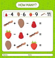 quantos jogo de contagem com frutas. planilha para crianças pré-escolares, folha de atividades para crianças, planilha para impressão vetor