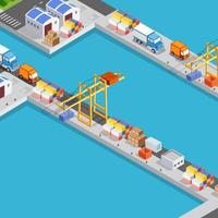porto industrial isométrico porto de carga no mar com ilustração 3d logística de navio de transporte de contêiner de guindaste