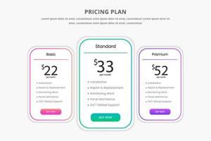 conceito de tabela de preços em design vetorial realista. preço ou plano de assinatura do elemento web ui. modelo de interface de marketing ou promoção do site. tabela de comparação de produtos. apresentação do modelo. web design vetor