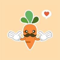 personagem de desenho animado de cenoura bonito e kawaii. vector imagem isolada de uma cenoura, vegetal saudável, planta, tops, raiz. mascote de rosto doce. imagem para pôster, cartão postal, estampa de tecido, roupas infantis