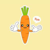 personagem de cenoura fofa e kawaii. adesivo de balão. vegetal legal. ilustração vetorial. personagem de nerd inteligente de cenoura em um fundo azul. conceito de comida saudável. cartaz de dieta vegana inteligente vetor