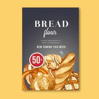 Modelo de cartaz de padaria. Coleção de pão e pão. feito em casa, design criativo da ilustração do vetor da aguarela