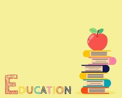 conceito de educação. há maçã vermelha, livros para seu projeto sobre exame, final e entrada. design de vetor bonito dos desenhos animados