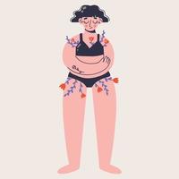 jovem abraça a si mesma. AME a si mesmo. amo seu conceito de corpo. corpo positivo. ilustração vetorial. vetor