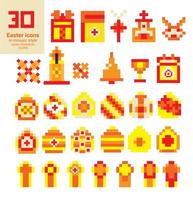 um conjunto de elementos de páscoa de pixel, ícones. ovos coloridos de galinhas e velas, cruzes, sino, igreja isolada no fundo branco. vetor