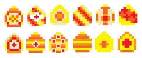 Ovos de páscoa felizes de pixel art de 8 bits e ícones de frango. conjunto de objetos de jogos de arcade retrô, ícones vetoriais de ovos com pixels cúbicos, linhas coloridas, pontos e ornamentos vetor