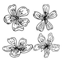 conjunto de flores de sakura, estilo de tinta de linha desenhada à mão. cura doodle ilustração em vetor planta cereja, preto isolado no fundo branco. flor floral realista para férias de primavera japonesa ou chinesa.