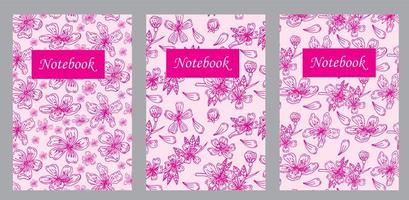 capa, estêncil para o design de um caderno, livro, bloco de notas, escritório. vetor com flor de sakura rosa retrô sobre um fundo claro. ilustração no estilo de gravura. espaço para o seu texto.
