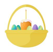 ilustração em vetor de uma cesta de páscoa com páscoa e ovos. decoração de primavera. conceito de celebração de páscoa feliz. estilo simples de desenho animado para logotipos, banners, cartazes, fundos, adesivos, impressão.